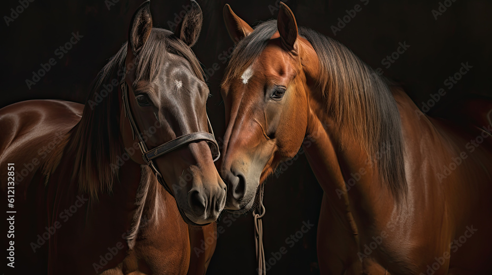 Two horse close up isolated on black background Generative AI Two horse close up isolated on black background Generative AI