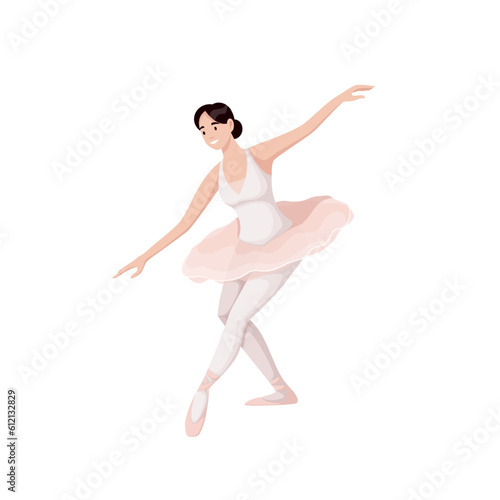 Ballerina dancing ballet dance vector illustration. Cartoon isolated girl dancer training reverence on lesson of ballet class or studio, actress woman in tutu and pointes performing pose with grace