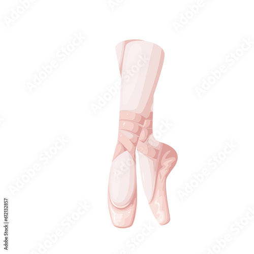 Ballerinas legs dancing ballet dance vector illustration. Cartoon isolated dancers feet in pink pointe shoes with ribbon standing on tiptoes on floor of classroom or stage, rehearsal of performance