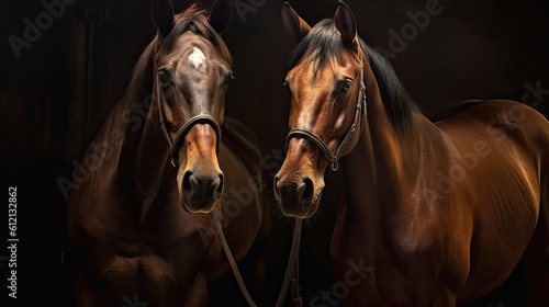 Two horse close up isolated on black background Generative AI © PaulShlykov