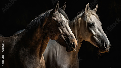 Two horse close up isolated on black background Generative AI