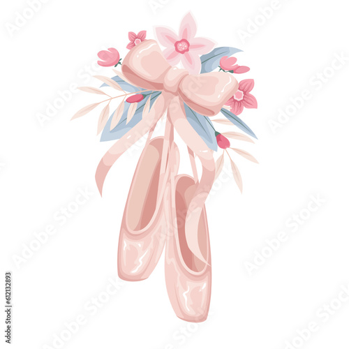 Ballet shoes hang on silk ribbon with bow and flowers vector illustration. Cartoon isolated pink silk ballerinas slippers with summer floral elegant bouquet, pair of pointes for dance to classic music