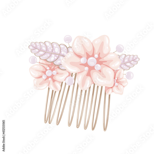 Princess hairpin vector illustration. Cartoon isolated jewel accessory with nacre flowers, precious pearls and gold teeth, vintage floral pin decoration for hair of bride, ornate treasure hairpin