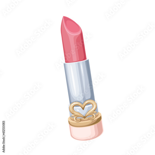 Lipstick vector illustration. Cartoon isolated red stick and precious pink case with gold heart ornament and silver tube, open princess lipstick and female jewel makeup accessory to paint lips