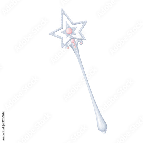 Magic wand of fairy princess vector illustration. Cartoon isolated silver wizard stick with handle for hand and star with precious pink gems, magic jewelry for Halloween carnival and birthday party