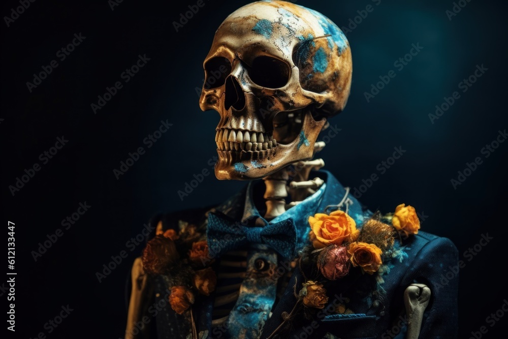 Skull with a skeleton in a business suit. AI generated, human enhanced Skull with a skeleton in a business suit. AI generated, human enhanced