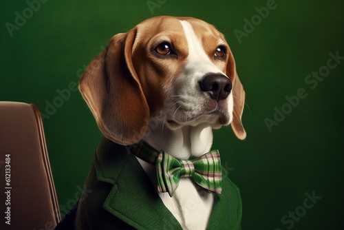 Anthropomorphic dog of the Beagle breed dressed in a suit like a businessman. Business Concept. AI generated © top images