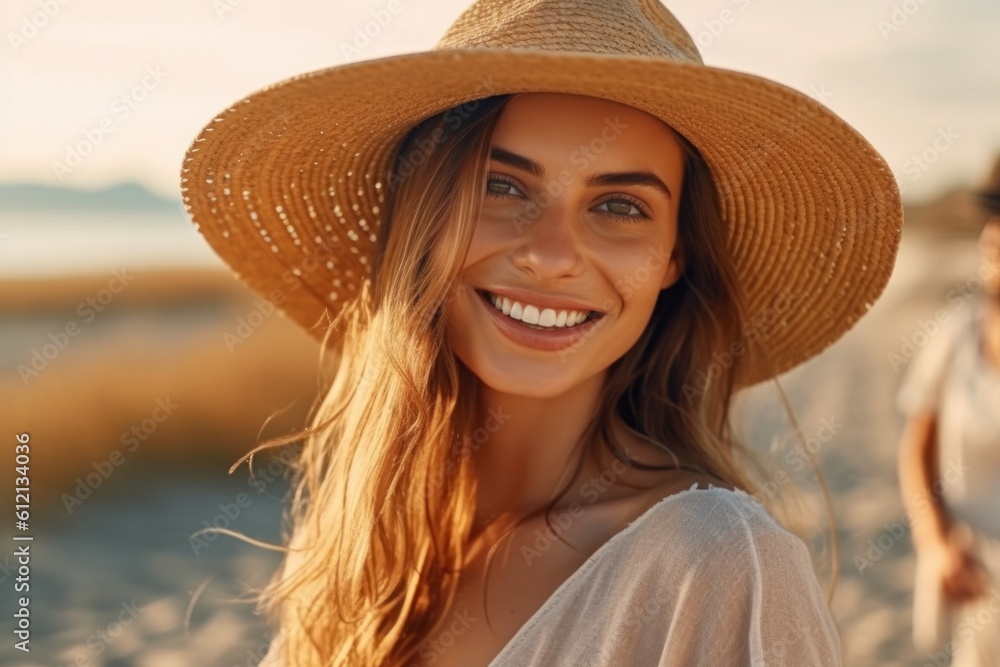 Happy woman in a straw hat is sunbathing on the beach. Travel concept. AI generated, human enhanced
