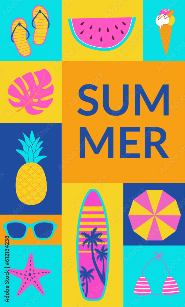 Summer background in geometric style. Summertime poster banner, flyers design for web, shop, bar, travel. Vector illustration Summer background in geometric style. Summertime poster banner, flyers design for web, shop, bar, travel. Vector illustration