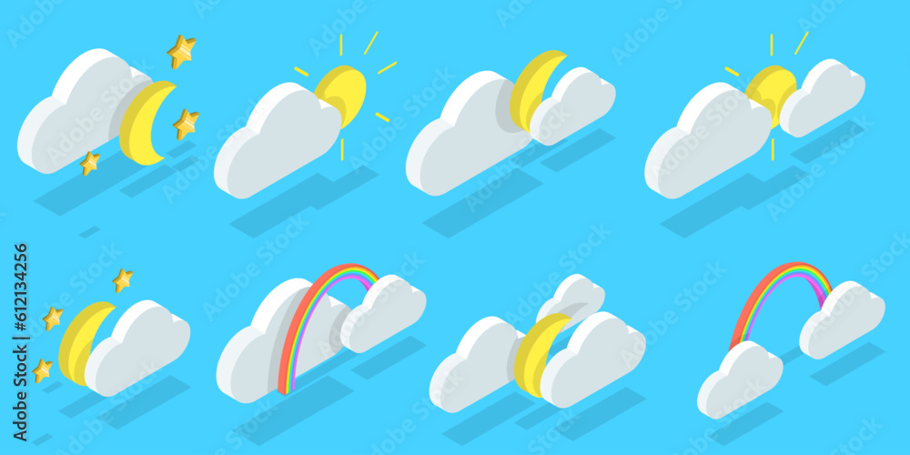 3D Isometric Flat Vector Set of Weather Forecast Icons, Thunderstorm, Rain, Sunny Day, Night and Winter Snow
