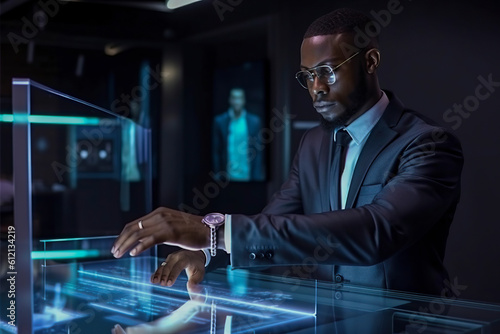 Unleashing Technological Mastery: A Black Man's Proficiency with a Holographic Display, ai generative
