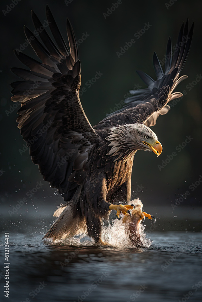 Fototapeta premium Talon out, the Bald Eagle has spotted its prey and diving down to hunt. Generative AI