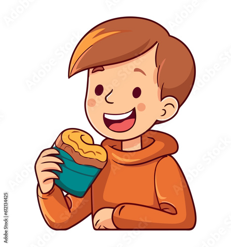 Smiling boy eating cupcake, vector illustration design