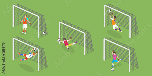 3D Isometric Flat Vector Set of Goalkeepers, Goalie Characters in Motion