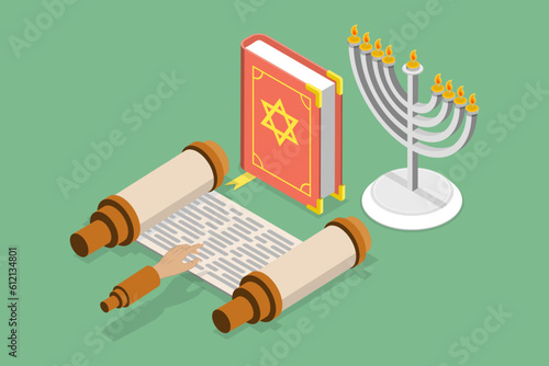 3D Isometric Flat Vector Set of Jewish Religion Items, Judaism Culture