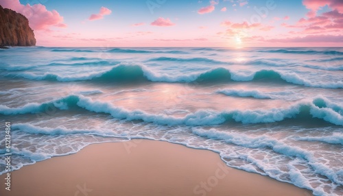 Beautiful tropica wave summer sea. Close-up soft wave of the sea on the sandy beach. Generative Ai