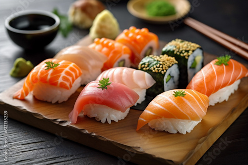 food set rice fish sushi roll japanese seafood meal japan. Generative AI.