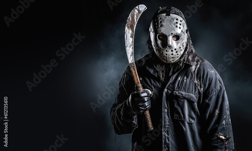 Creepy Scary Man Wearing a Hockey Mask and Holding a Knife Banner with Space for Copy for Halloween. Generative AI