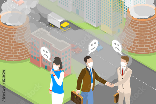 3D Isometric Flat Vector Conceptual Illustration of Polluted Air, Industrial White Smog Fog