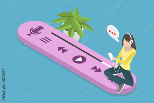 3D Isometric Flat Vector Conceptual Illustration of Audio Podcast, Young Woman Listening to Radio Show or Music