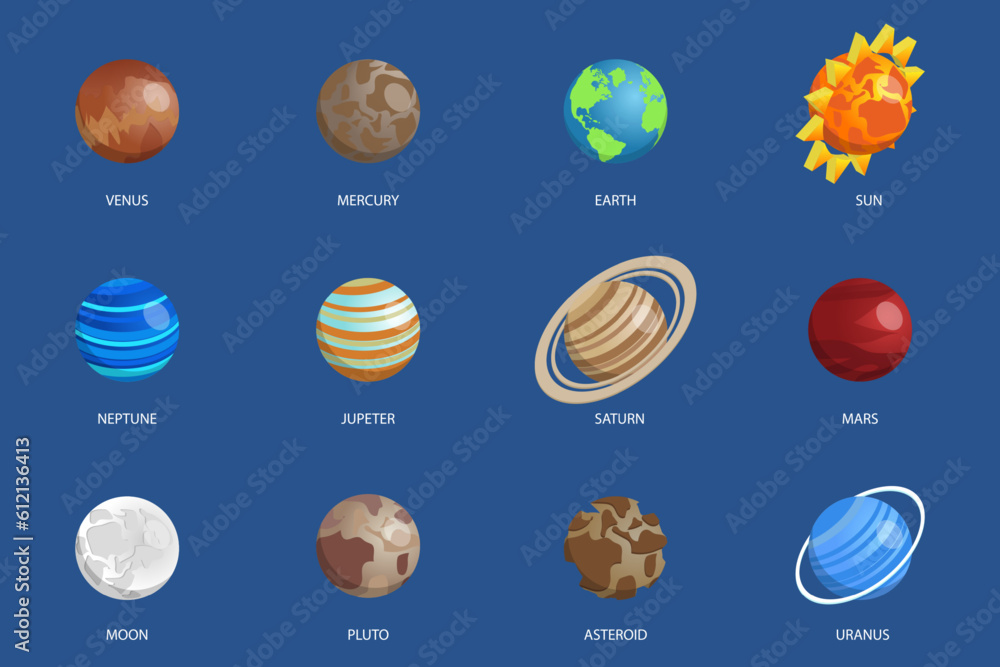 3D Isometric Flat Vector Set of Solar System Planets, Galaxy Astronomical Objects 3D Isometric Flat Vector Set of Solar System Planets, Galaxy Astronomical Objects