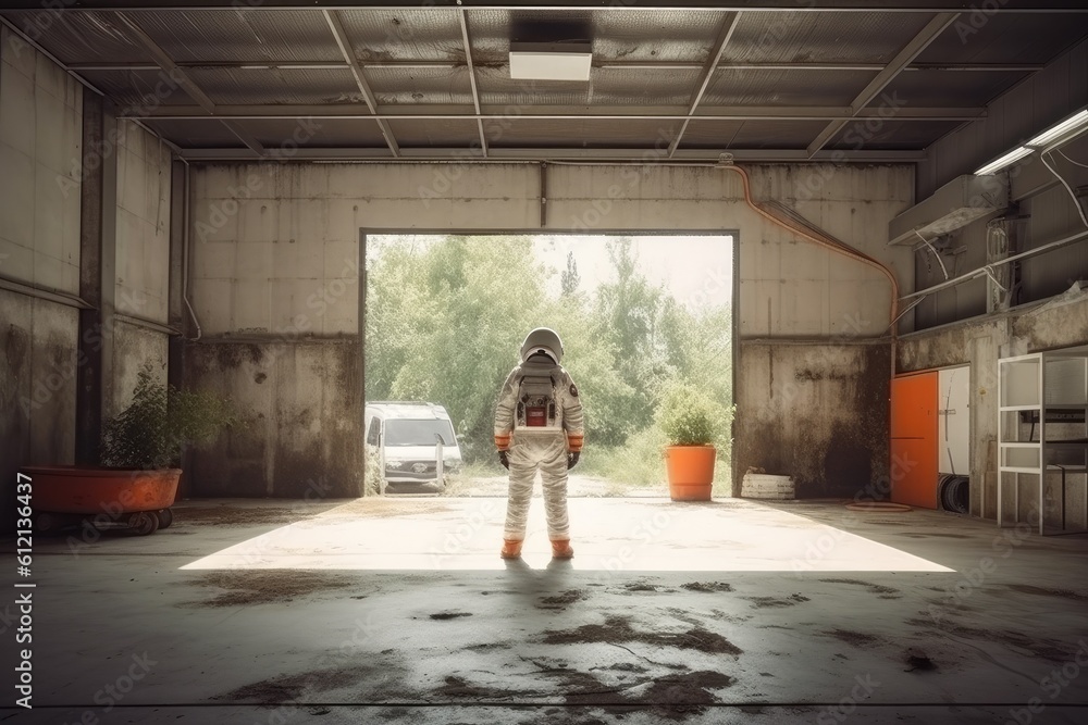 Astronaut in a ruined city background in post apocalypse style Generative AI