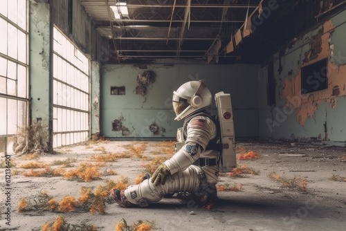 Astronaut in a ruined city background in post apocalypse style Generative AI