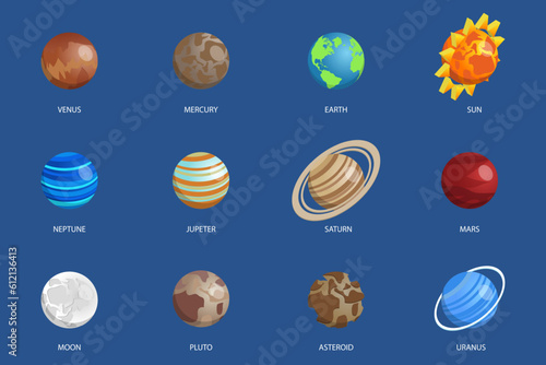 3D Isometric Flat Vector Set of Solar System Planets, Galaxy Astronomical Objects