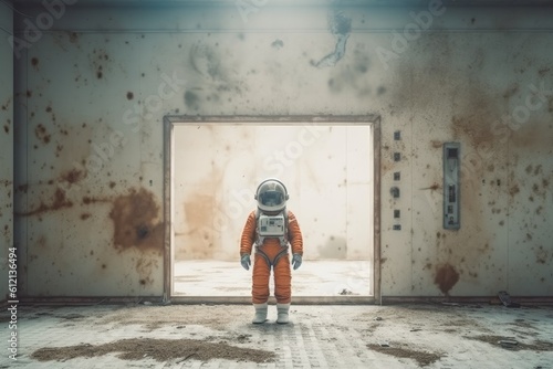 Astronaut in a ruined city background in post apocalypse style Generative AI
