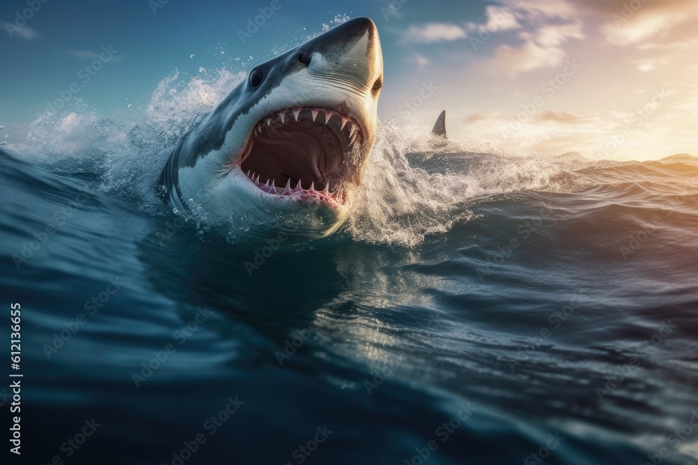Fototapeta premium Big angry White shark in the ocean Generative AI