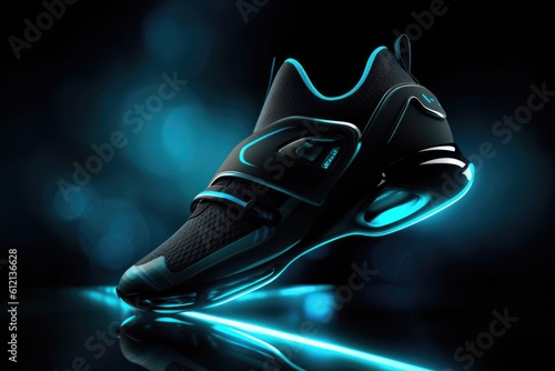 Trendy blue neon sneakers. Sports shoes with neon glow on a dark background. AI generation