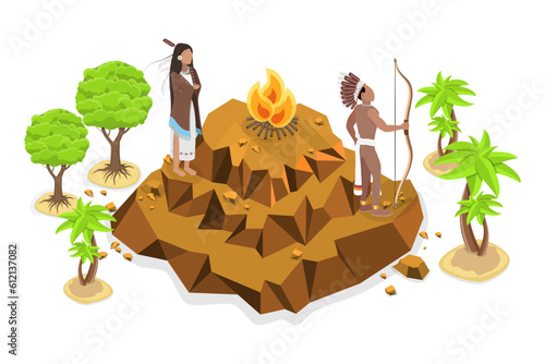 3D Isometric Flat Vector Conceptual Illustration of Maya Characters, Ancient People with Ornaments and Traditional Clothes
