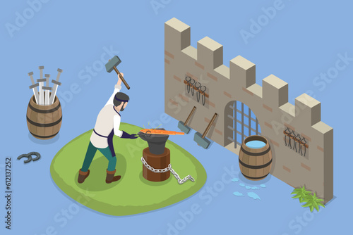 3D Isometric Flat Vector Conceptual Illustration of Medieval Blacksmith, Creating Weapons
