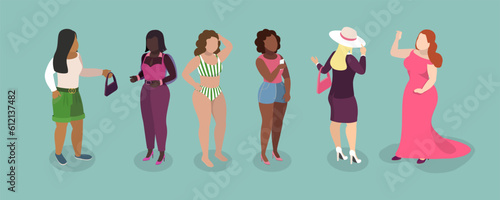 3D Isometric Flat Vector Set of Plus Size Style Girls, Pretty Plump Women with Curvy Figures