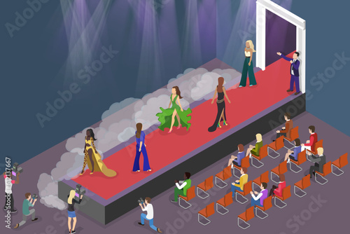 3D Isometric Flat Vector Conceptual Illustration of Fashion Show, Runway Stage with Walking Models
