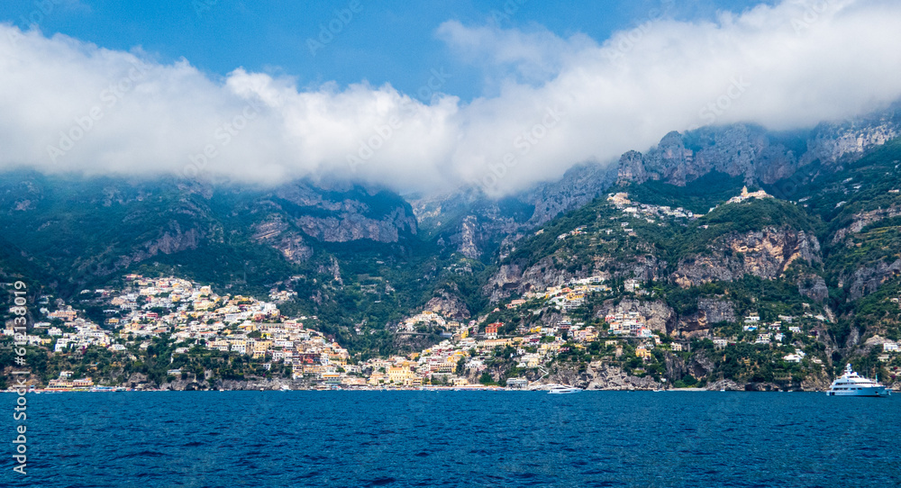 Positano from the sea, beautiful town on the Amalfi Coast, Italy