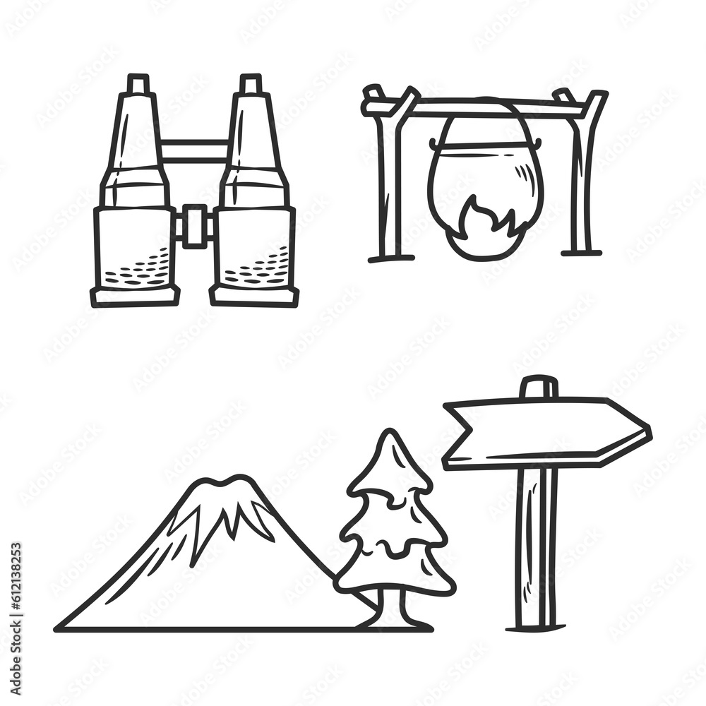 Camping vector line art doodle cartoon set of objects and symbols
