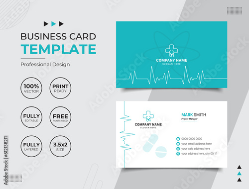 Double-sided Professional Medical Doctor Healthcare Business Card Design Template. Vector illustration