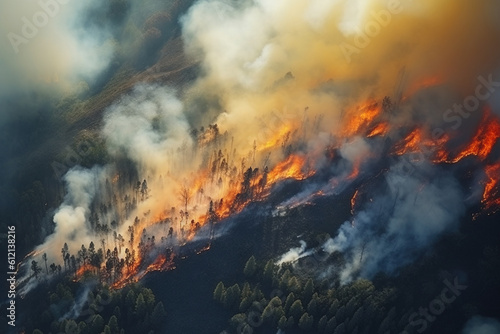 Forest fire, aerial view. AI generated image.