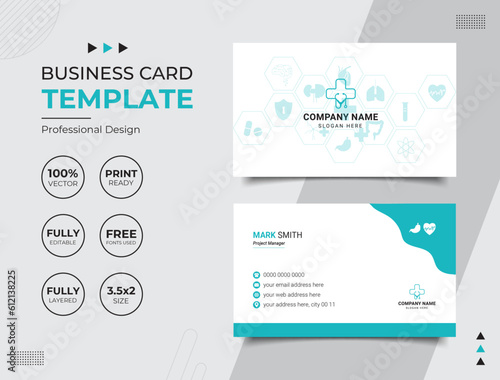Double-sided Professional Medical Doctor Healthcare Business Card Design Template. Vector illustration