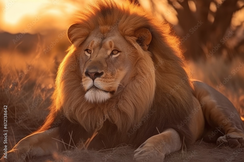 Lion in the sunset in the wilderness in Africa, made with generative ai