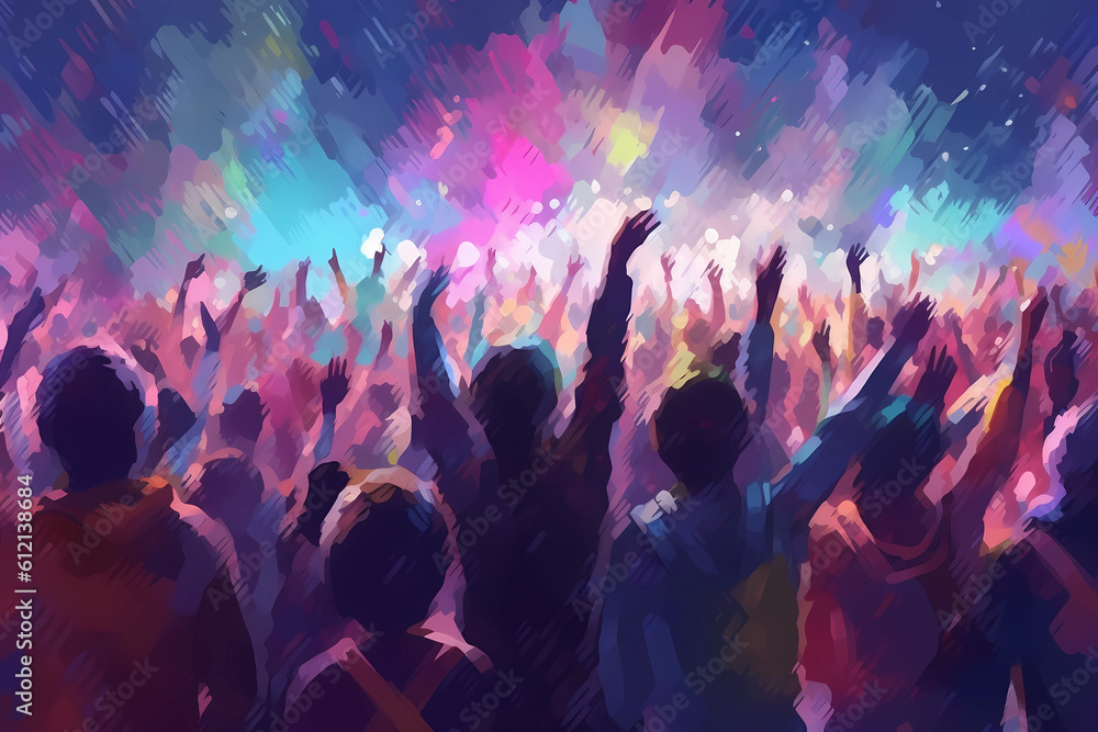 Crowd raising their hands at music concert. Audience enjoying rock, dance, edm and club party. Modern painting illustration. Generative ai.