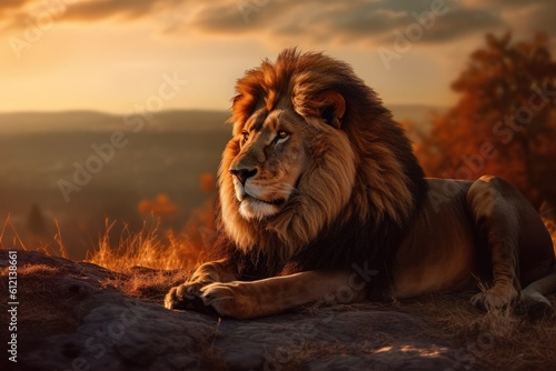 Lion in the sunset in the wilderness in Africa, made with generative ai