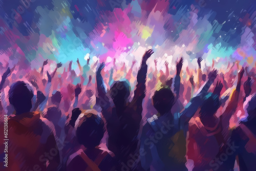 Crowd raising their hands at music concert. Audience enjoying rock, dance, edm and club party. Modern painting illustration. Generative ai.