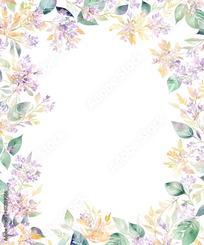 Watercolor purple flowers, purple lilac branches and foliage. Botanical illustration in vintage style. Wedding decorations background. Floral background with place for text. Generative AI.