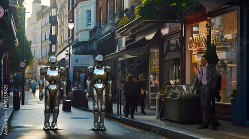 AI Robot Humanoids and Humans Walking On the Streets in a Technological Futuristic World, Futuristic Urban Scenes, Advanced robotics, Robot Servants, Robot Assistants,Human Robots Interactions Coexist