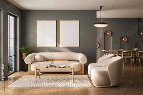 Modern living room interior with sofa and armchairs  coffee table with books and decoration  carpet on hardwood floor  dining table with chairs  mock up posters. Mockup copy space wall  3D rendering