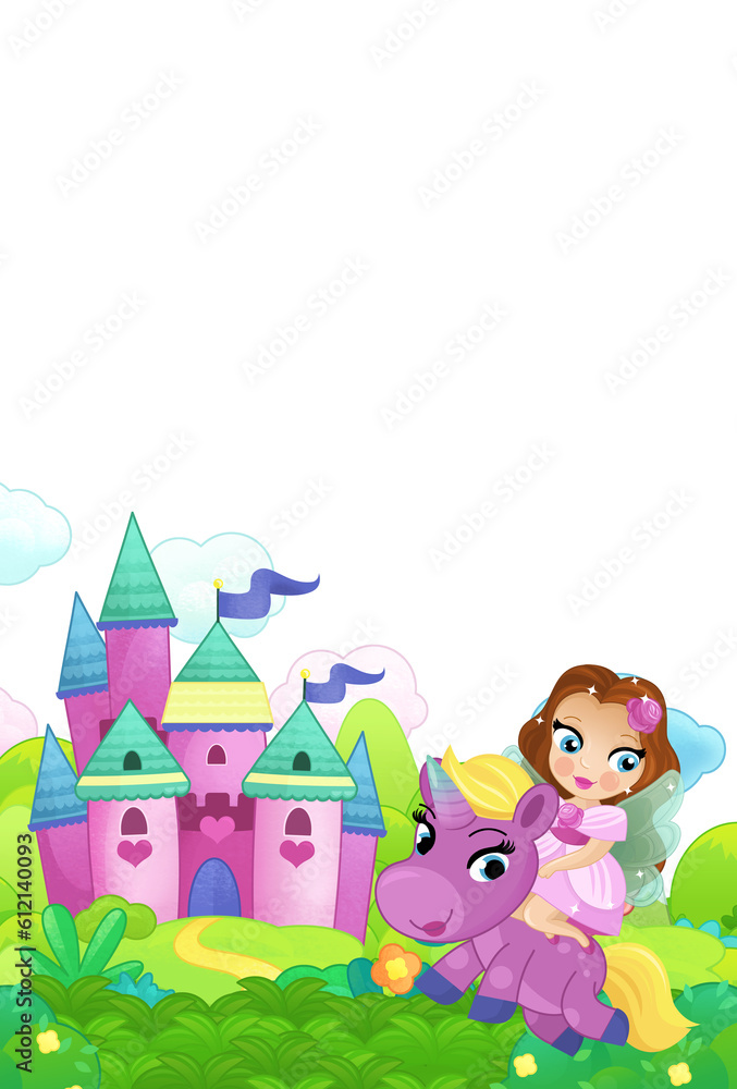 cartoon scene forest with pony horse and fairy princess flying castle isolated illustration for children cartoon scene forest with pony horse and fairy princess flying castle isolated illustration for children