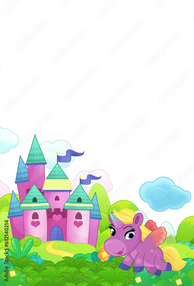 cartoon scene forest with happy pony horses castle illustration for children