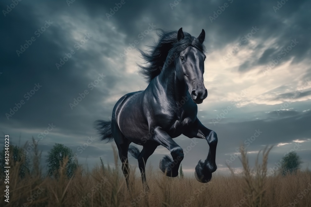 Fototapeta premium Wild Fresian horse in it's natural habitat - generative ai